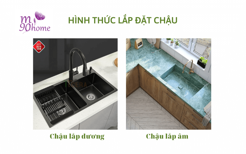 Cách lắp đặt chậu rửa là lắp dương bàn và âm bàn