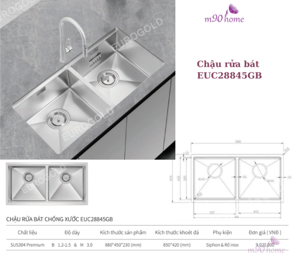 Bồn rửa chén bát 2 ngăn Inox 304 xịn đẹp, giá rẻ, lắp âm bàn đá cao cấp eurogold tại M90home