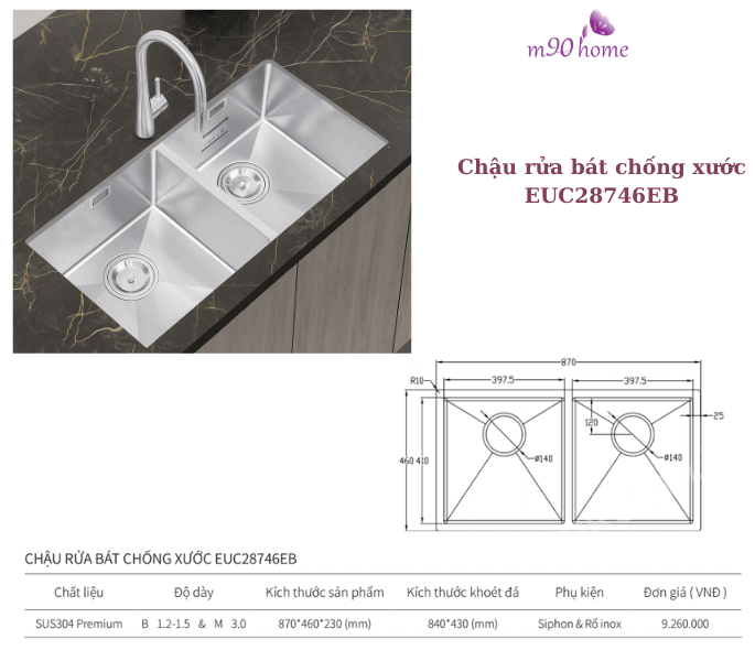 Bồn rửa chén bát 2 ngăn lắp âm chống xước cao cấp EUC28746EB Eurogold