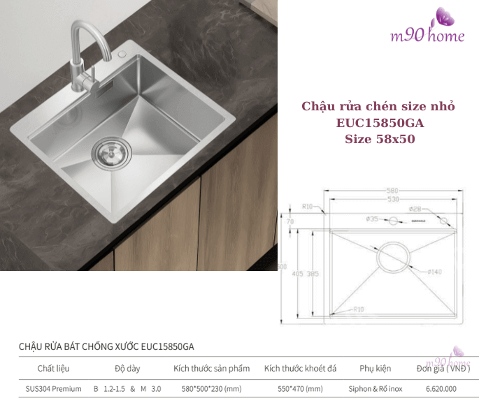 Bồn rửa chén nhỏ 1 ngăn 58cm EUC15850GA-Eurogold