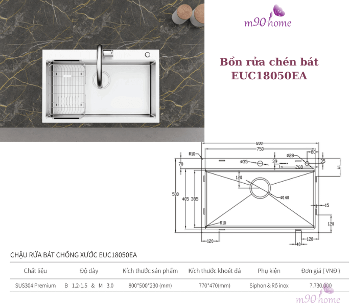 Chậu rửa chén bát cao cấp 1 hố lớn EUC18050EA