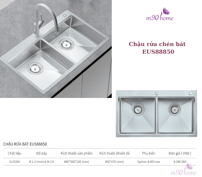 Bồn chậu rửa chén bát hai hố cao cấp size 88x50 EUS88850 của Eurogold tại M90home