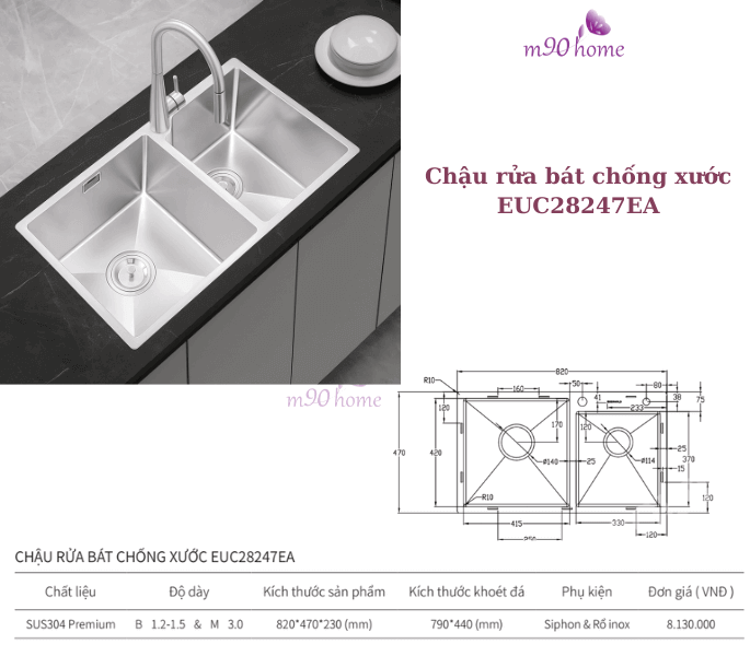 Kích thước và giá bán tham khảo chậu rửa chén bát chống xước cao cấp size 82x 47 cm