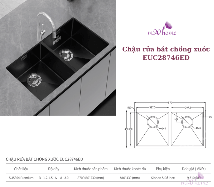Labo rửa chén bát 2 ngăn lắp âm chống xước cao cấp EUC28746ED màu đen cao cấp