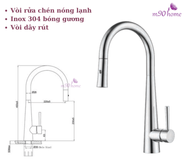 Vòi nước rửa chén dây rút Inox 304 cao cấp Eurogold giá rẻ tại phụ kiện chậu rửa chén bát M90home