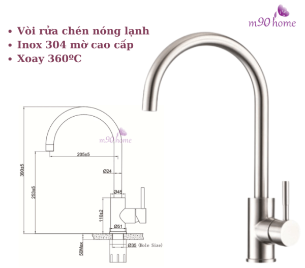 Vòi rửa chén bát nóng lạnh Inox 304 cao cấp giá rẻ đẹp TPHCM Eurogold M90home