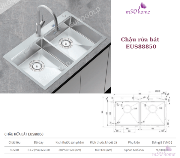 Top 3 chậu rửa chén Inox 2 hộc cao cấp giá tốt cho gia định tại thiết bị bếp M90home.com