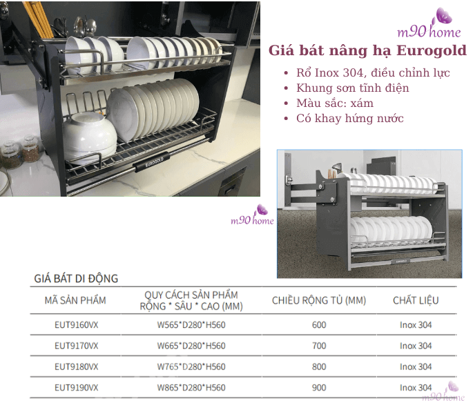 Bộ kệ chén nâng hạ tự động Inox 304 giá rẻ Eurogold, Phụ kiện tủ bếp M90home
