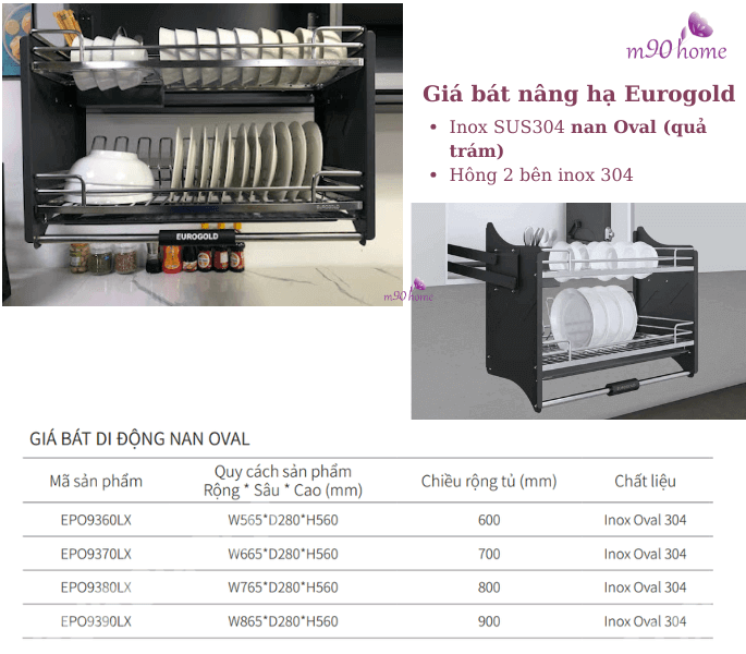 Combo kệ chén bát nâng hạ nan oval Inox 304 cao cấp Eurogold, Phụ kiện nội thất M90home