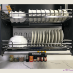 Mẫu giá bát nâng hạ tự động Inox 304 đẹp Eurogold, Phụ Kiện Nội Thất M90home, Kệ chén nâng hạ tủ bếp trên màu đen