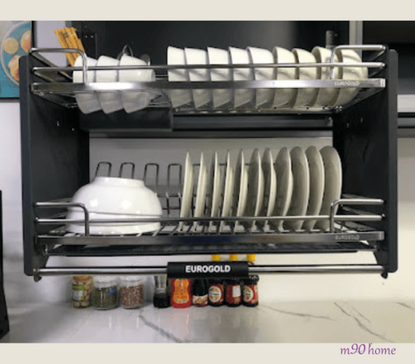 Mẫu giá bát nâng hạ tự động Inox 304 đẹp Eurogold, Phụ Kiện Nội Thất M90home, Kệ chén nâng hạ tủ bếp trên màu đen