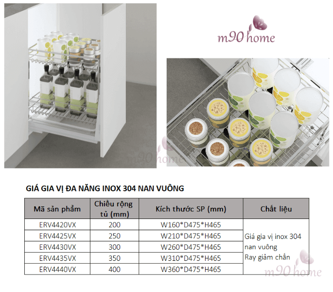 Tham khảo kích thước kệ gia vị inox 304 nan vuông Eurogold, M90home