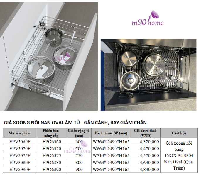 Kích thước và giá bán tham khảo giá rổ xoong nồi NAN OVAL phiên bản VIP Eurogold tại M90home