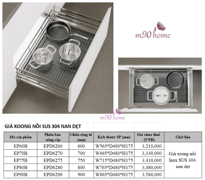 Kích thước và giá bán tham khảo giá xoong nồi SUS 304 nan dẹt của Eurogold tại M90home