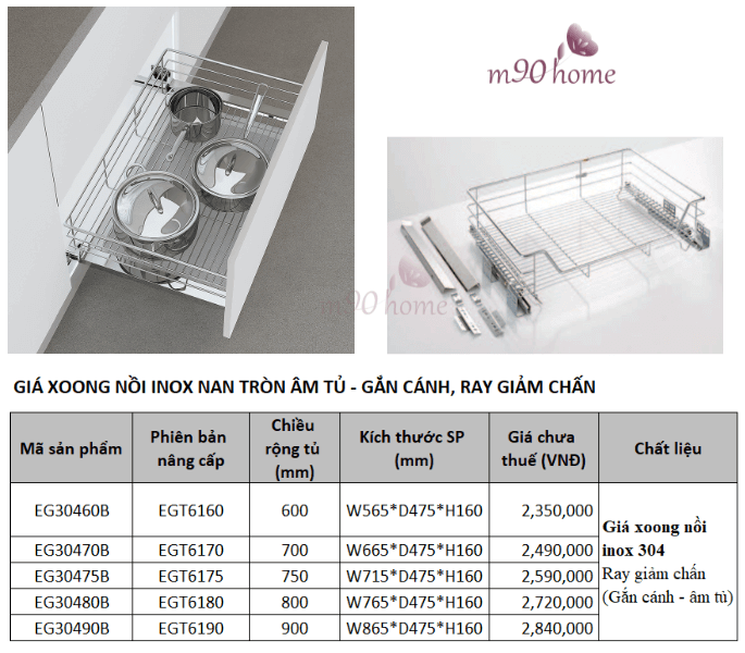 Kích thước lắp đặt và giá bán tham khảo bộ rổ đựng xoong nồi nan tròn tủ bếp eurogold M90home
